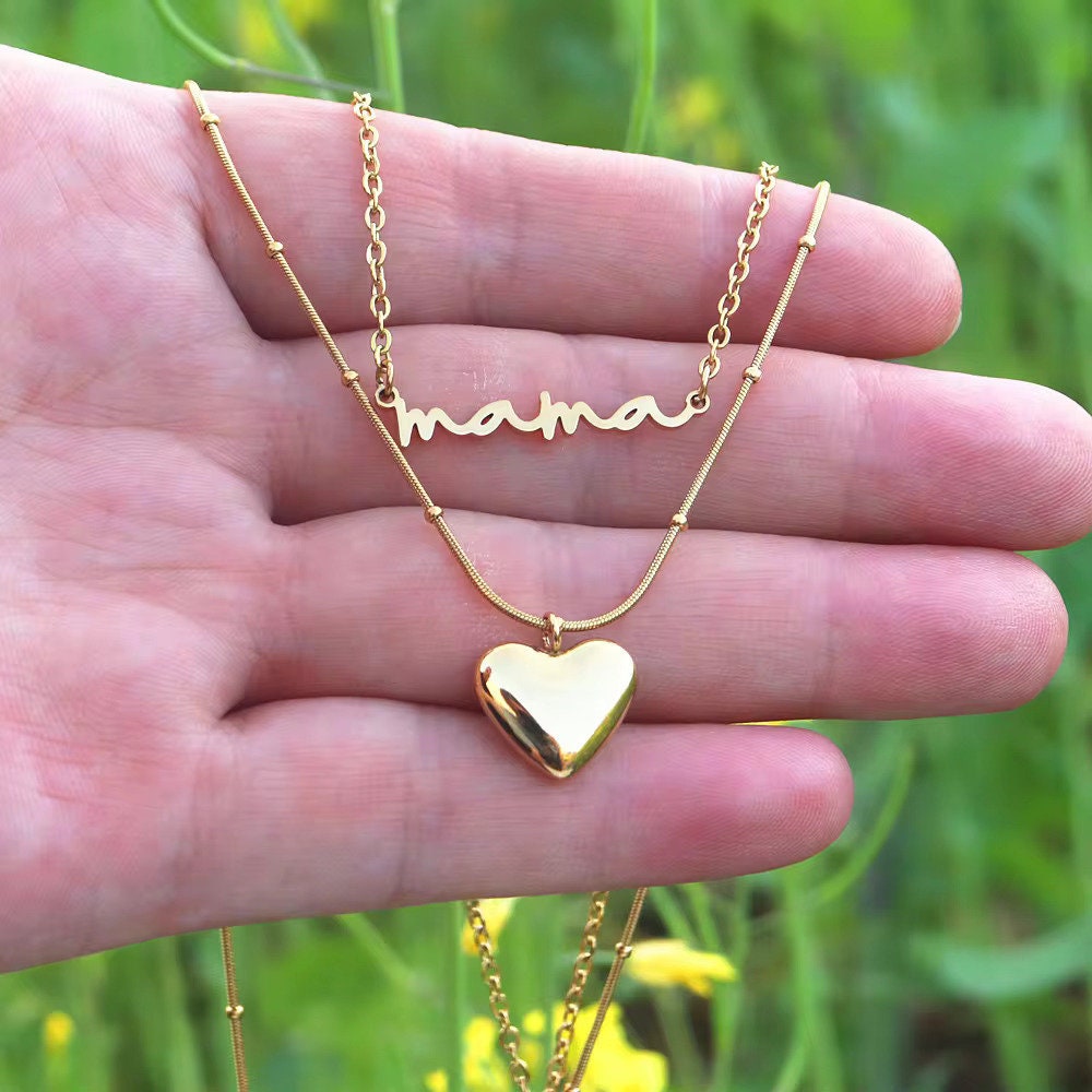 Mama necklace, Layered  necklace gift for mom, heart pendant necklaces for women, necklace for mom, stacked mama necklace birthday