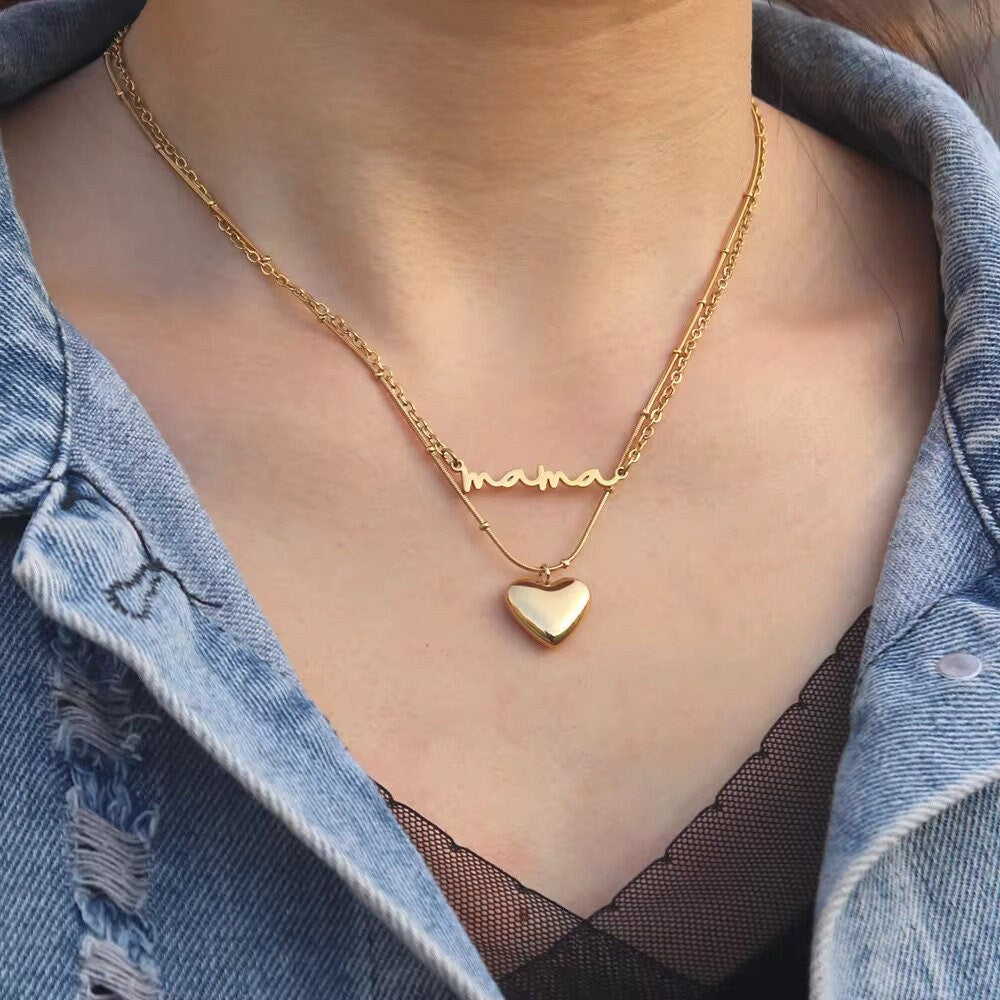 Mama necklace, Layered  necklace gift for mom, heart pendant necklaces for women, necklace for mom, stacked mama necklace birthday