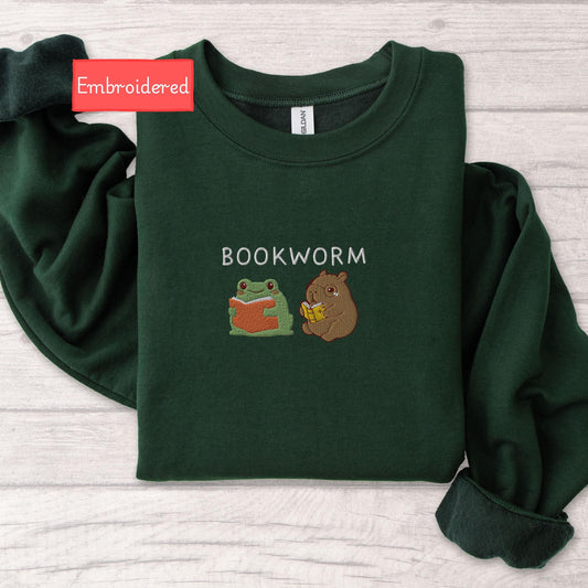 Embroidered funny bookworm sweatshirt, reading frog sweatshirt, reading capybara sweatshirt, book lover sweater fall, book club sweater