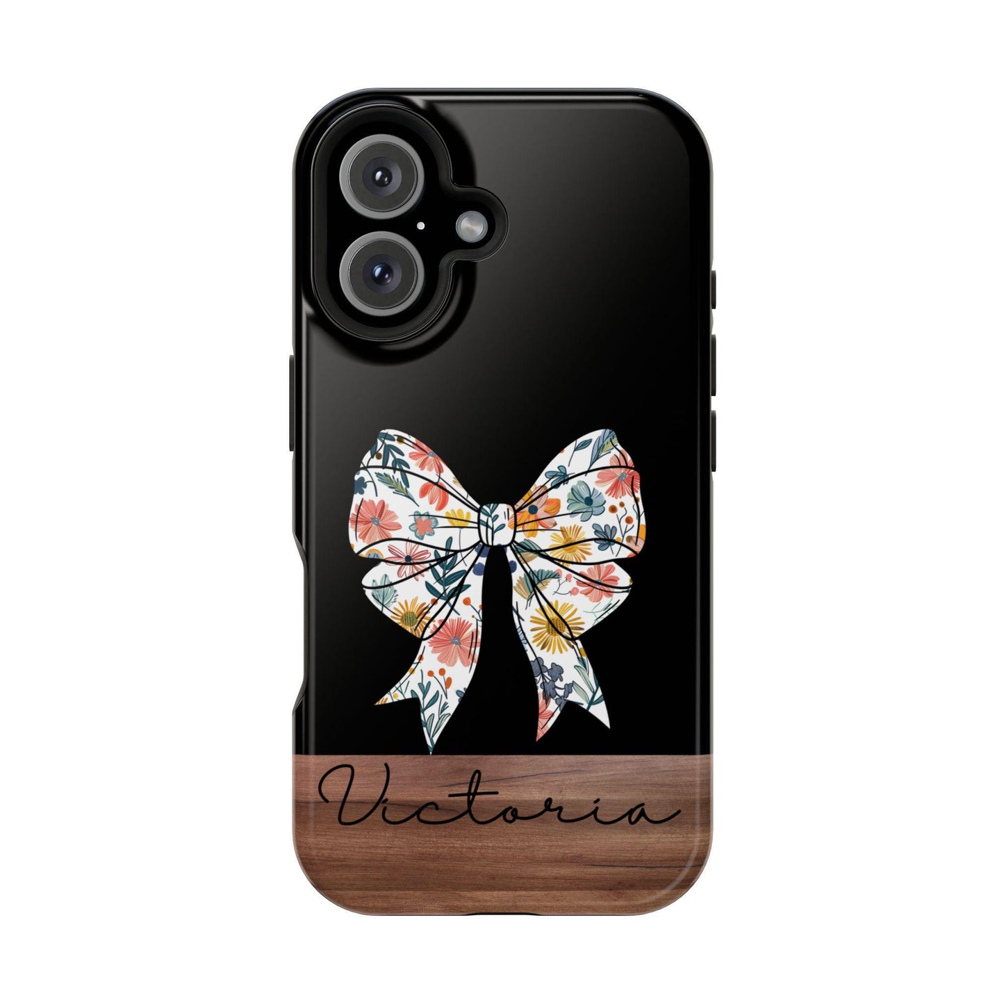 Custom coquette floral phone case, Magsafe compatible tough case with bow mosaic, fall season iphone case for iPhone 16 15 14 13 pro max