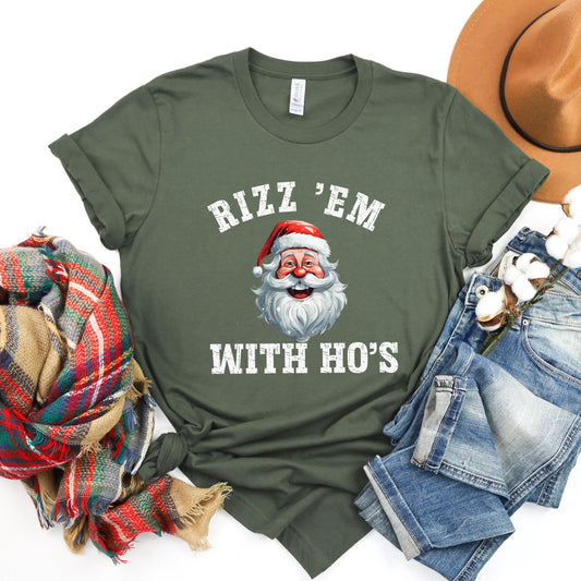 Funny Christmas shirt, Rizz em with ho's shirt, Funny santa shirt, here for the ho's tshirt, holiday tshirt funny, xmas family matching tees