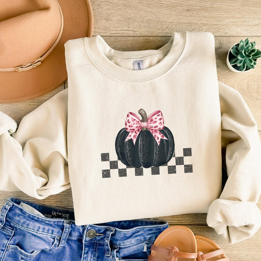 Pink bow halloween pumpkin sweatshirt, Coquette bow pumpkin sweater, fall season pumpkin sweater, gift for mom halloween