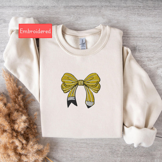 Embroidered cute pencil bow teacher sweatshirt, coquette sweatshirt teacher gift, embroidered middle school high school teacher sweater fall