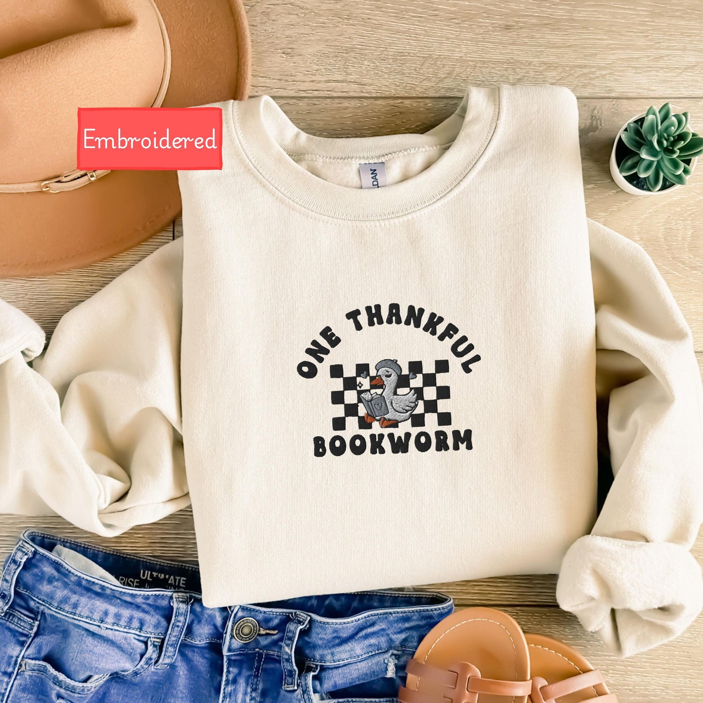 Embroidered one thankful bookworm sweatshirt, book enthusiast thanksgiving sweatshirt, funny goose book sweatshirt, read more books sweater