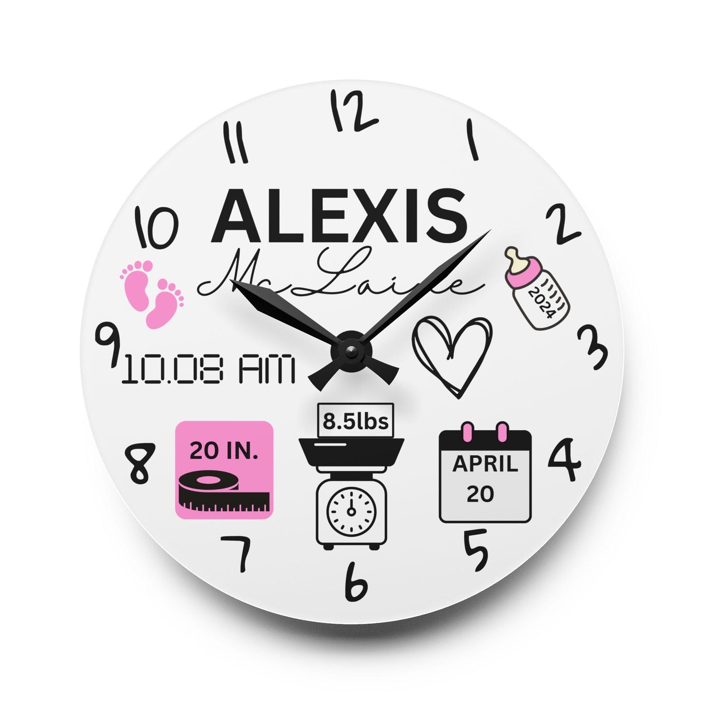 Custom Baby Arrival Sign, Unique Personalized Acrylic Wall Clock for Baby's Room decor, Baby Name With Birth Stats, Baby Name Reveal Sign