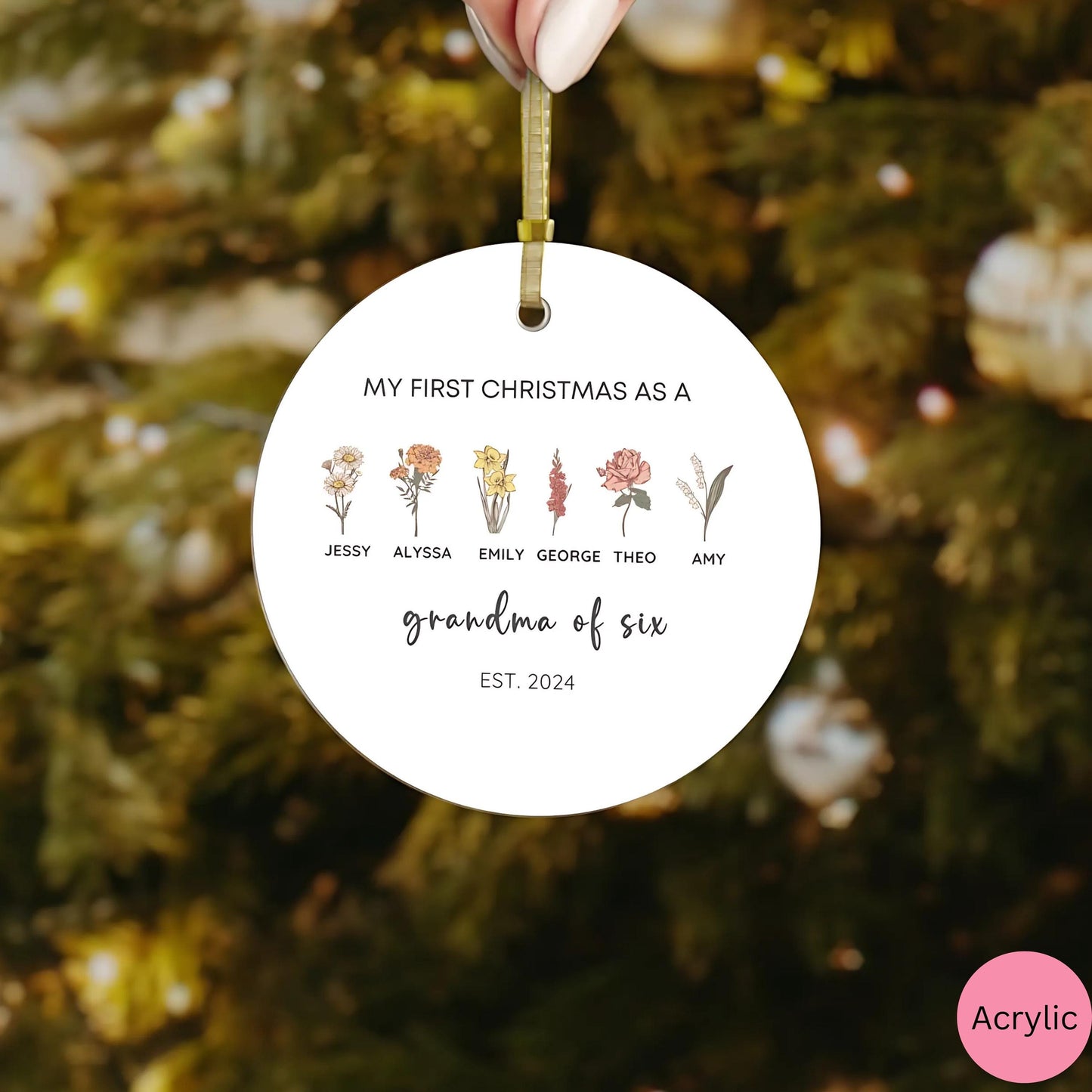 Personalized grandma ornament, 2024 Christmas Ornament for nana, custom grandkids names ornament, Birth flower ornament grandma gift