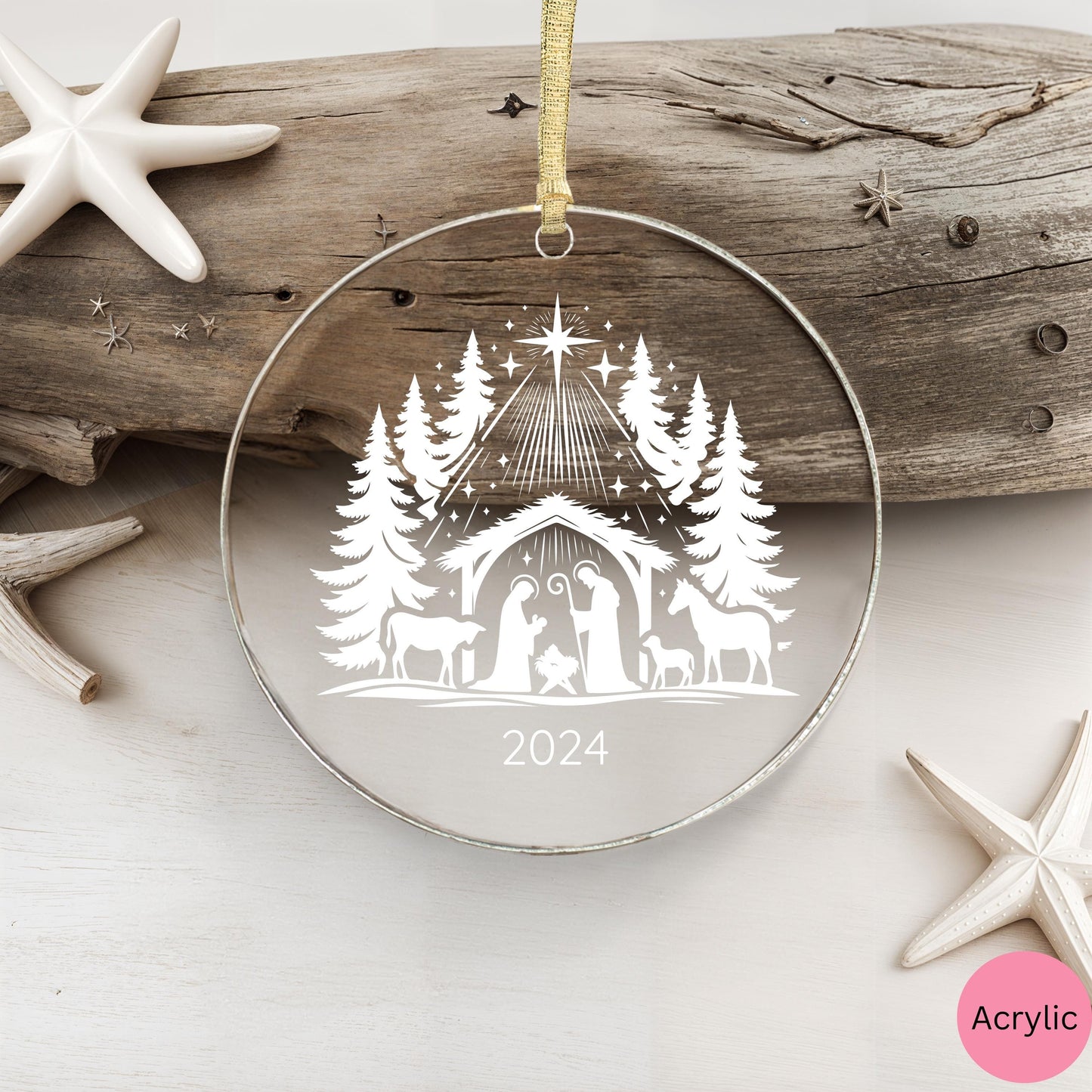 Nativity scene ornament, Christian christmas gifts, glass & acrylic ornament for christmas tree decoration