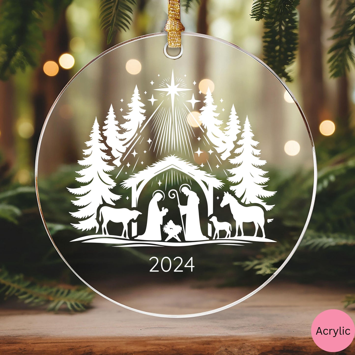 Nativity scene ornament, Christian christmas gifts, glass & acrylic ornament for christmas tree decoration