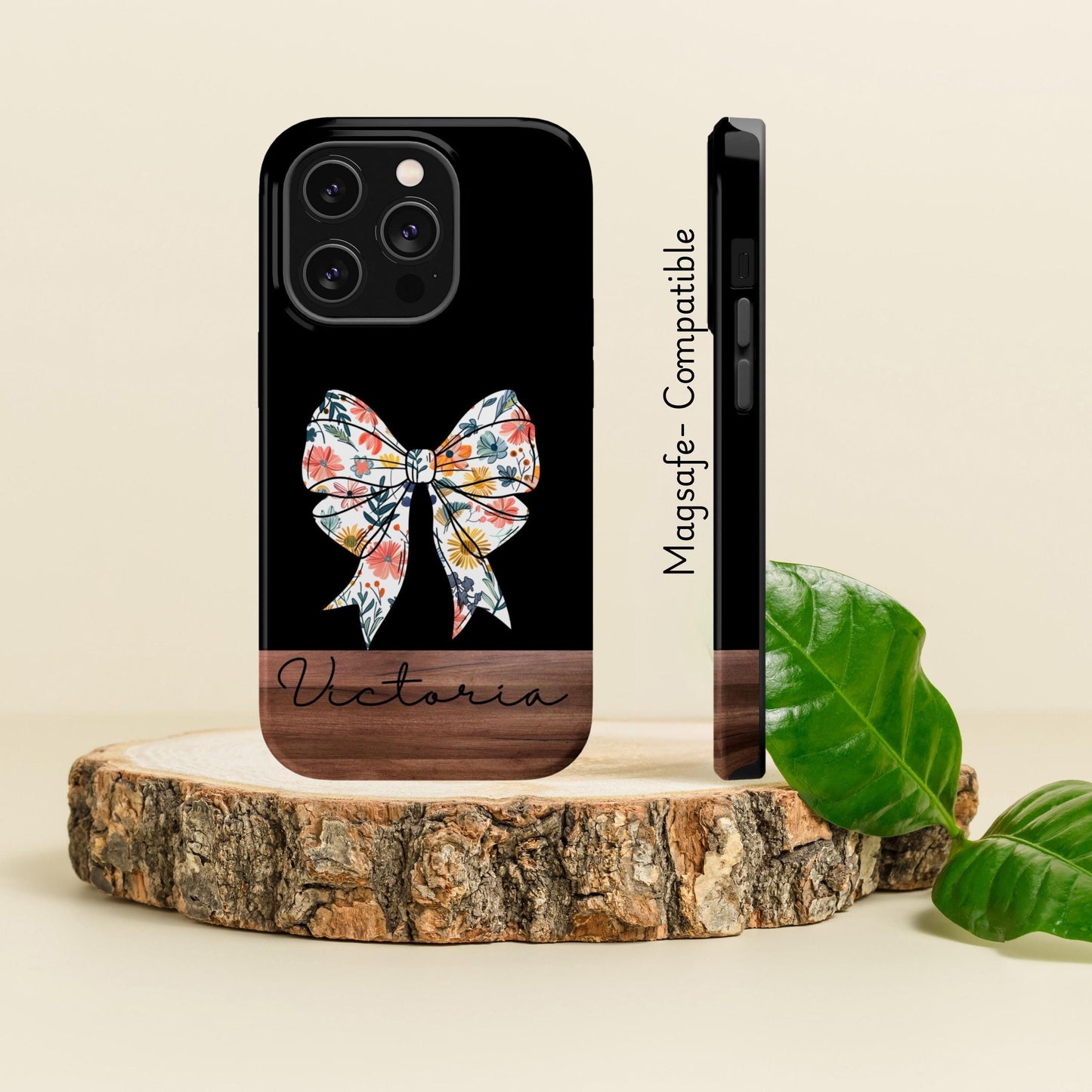 Custom coquette floral phone case, Magsafe compatible tough case with bow mosaic, fall season iphone case for iPhone 16 15 14 13 pro max