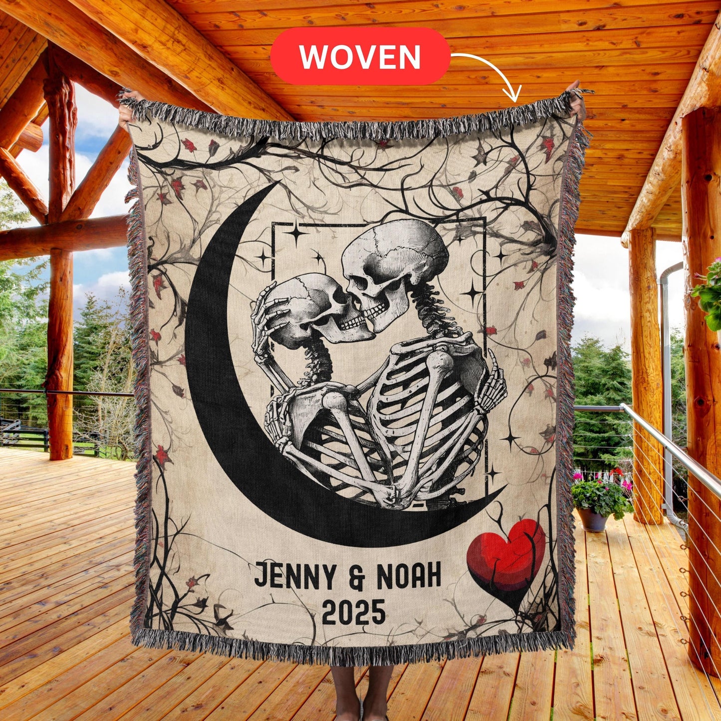 Personalized Couple Skeleton Woven Blanket Tapestry, Custom Gothic Woven blanket for Husband, Valentine's Gifts Throw Blanket, Birthday gift