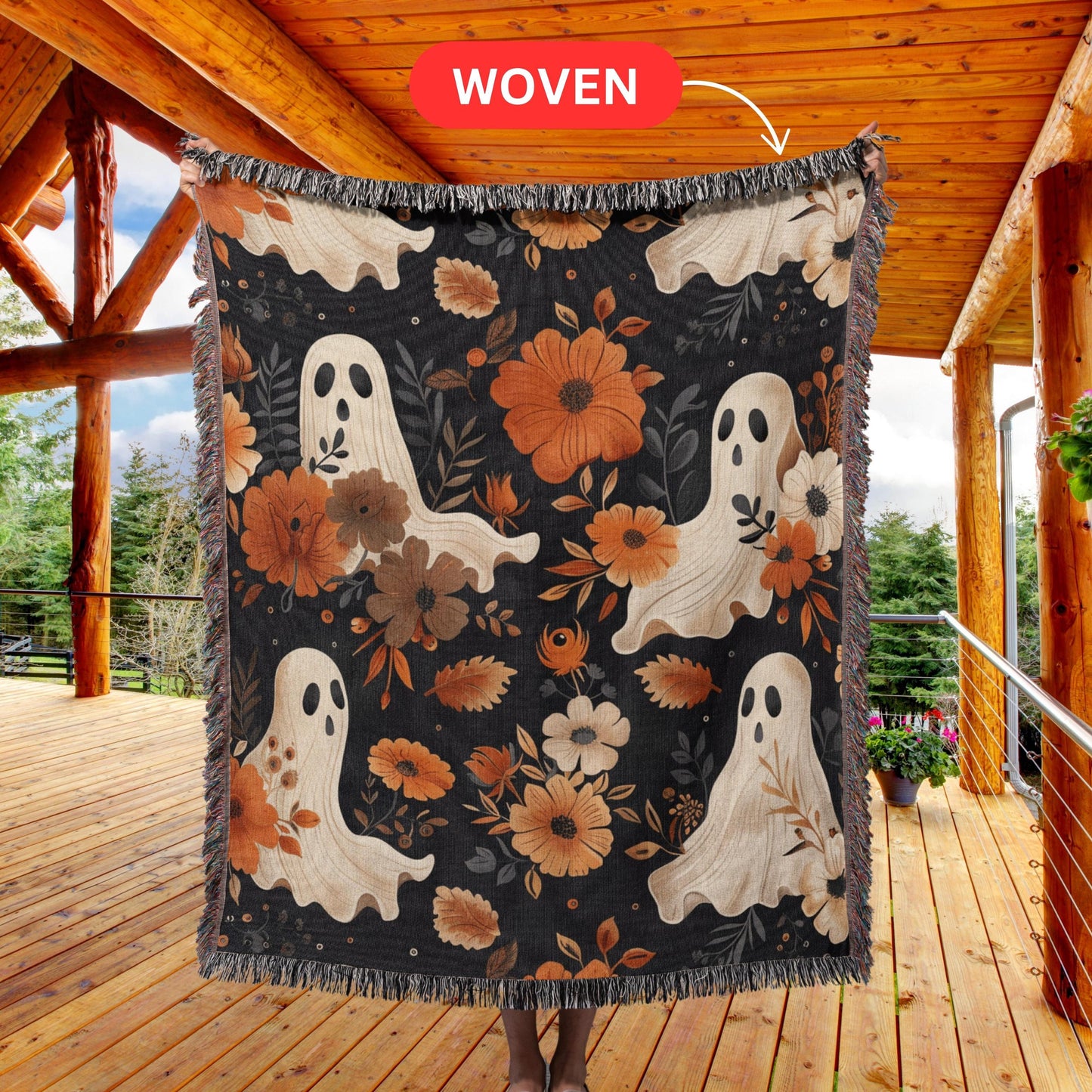 Ghosts Woven Blanket, Spooky Halloween throw blanket,  Gothic Valentine's Gifts for friend, Tapestry Blanket birthday gift, floral blanket