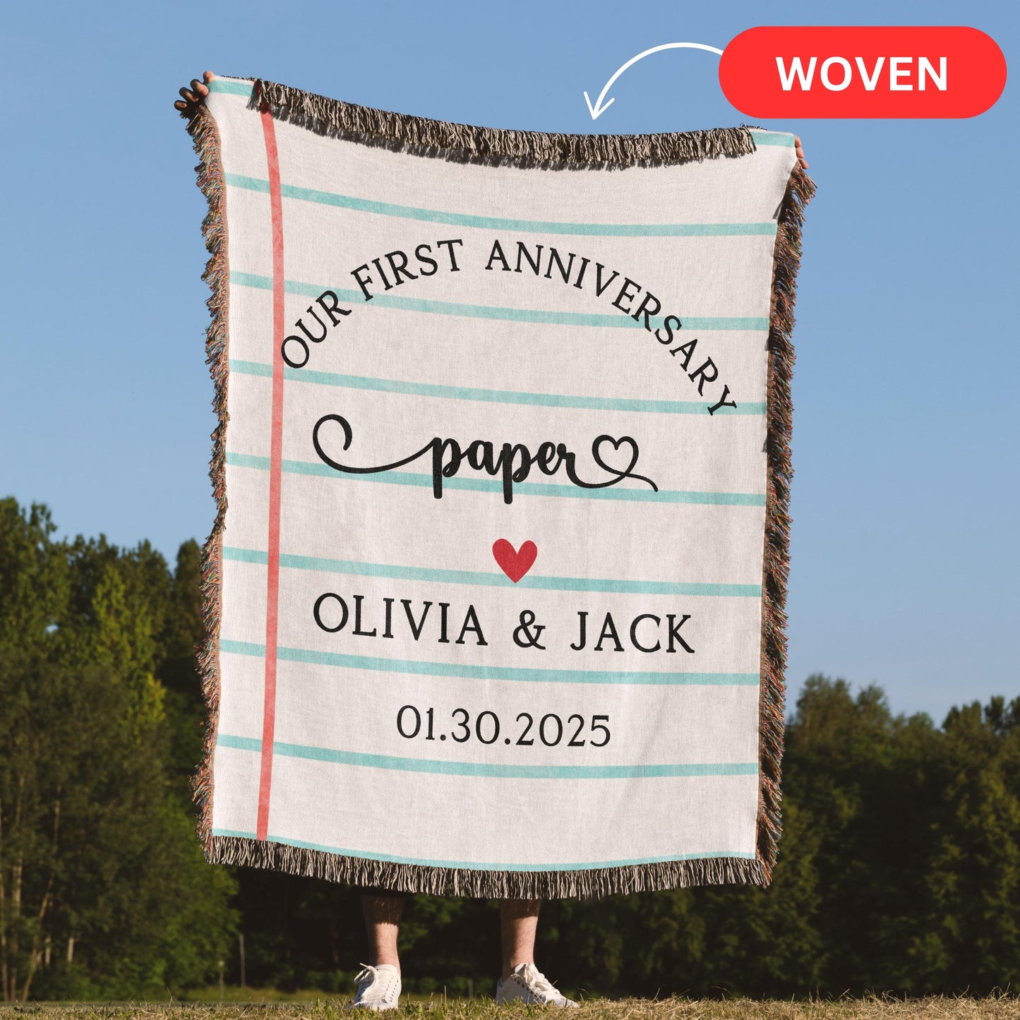 Custom Paper Anniversary Woven Blanket, Personalized wedding anniversary gift for husband, first anniversary milestone blanket tapestry