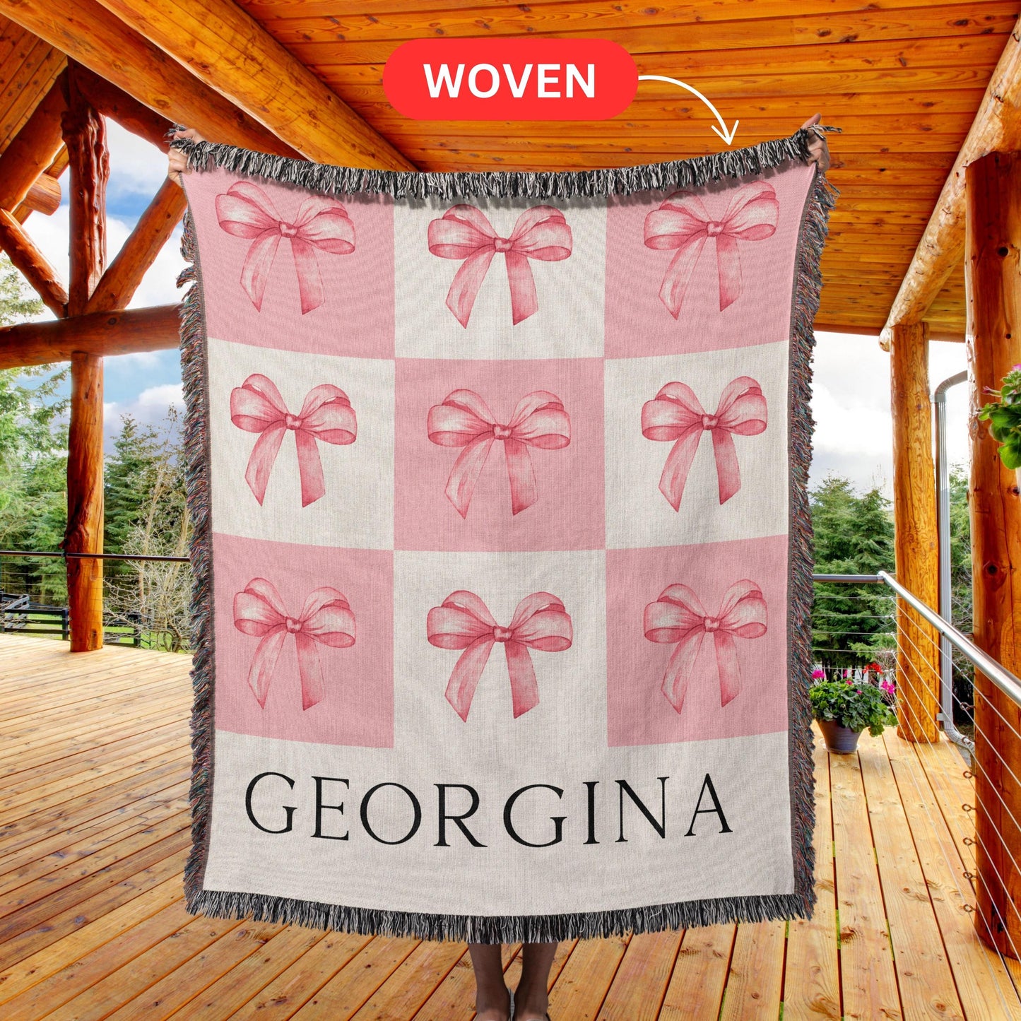 Custom Coquette woven blanket , valentines gift blanket with name, personalized gift for her, pink bow blanket tapestry, picnic blanket