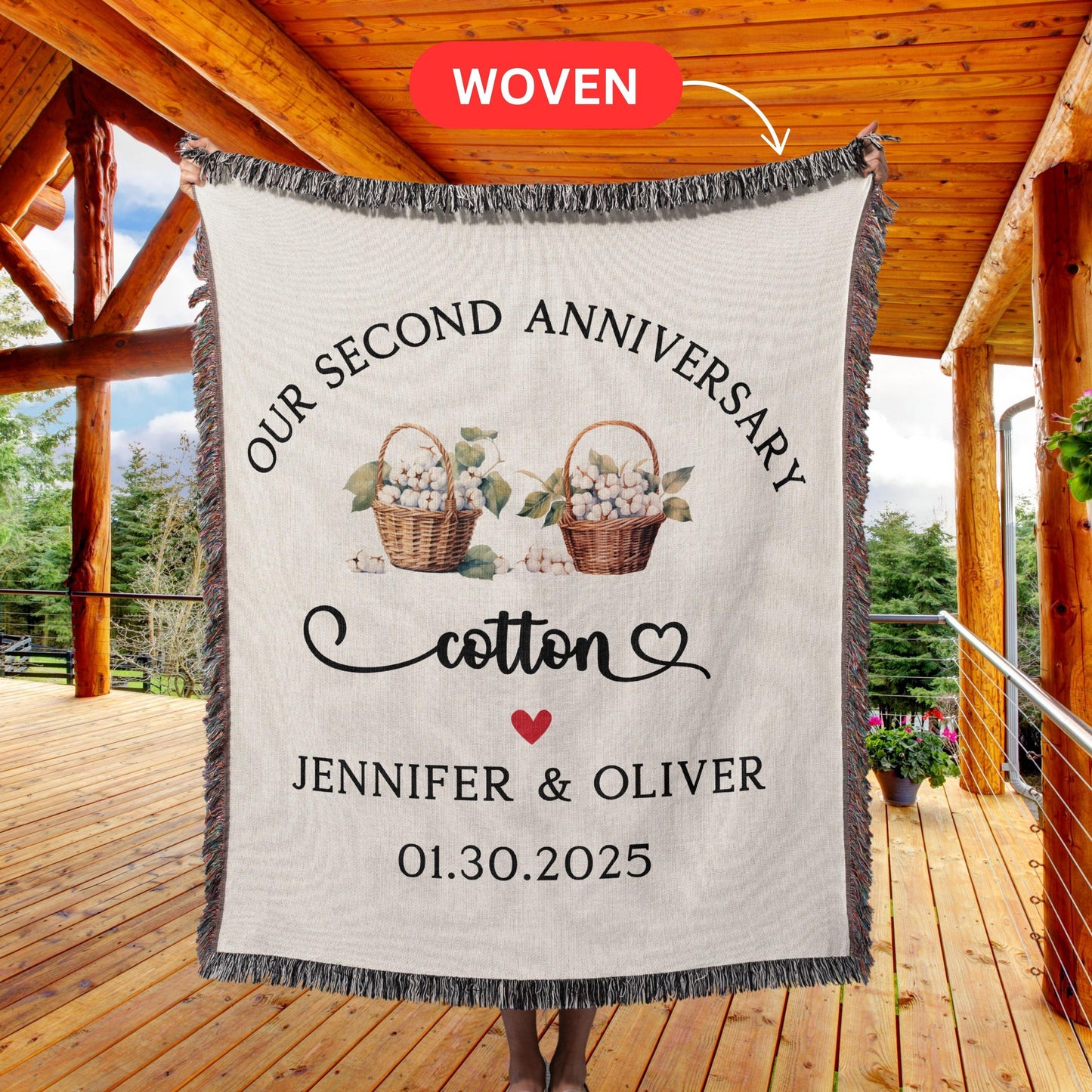 Custom Cotton Anniversary Woven Blanket, Personalized wedding anniversary gift for husband, second anniversary milestone blanket tapestry