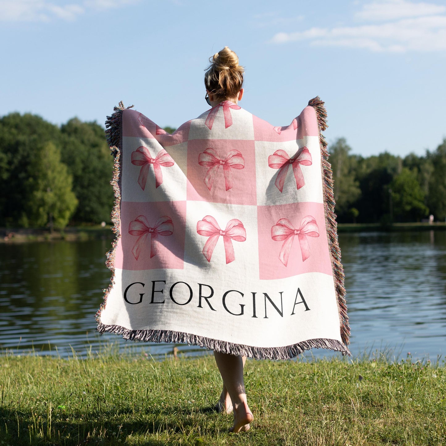 Custom Coquette woven blanket , valentines gift blanket with name, personalized gift for her, pink bow blanket tapestry, picnic blanket