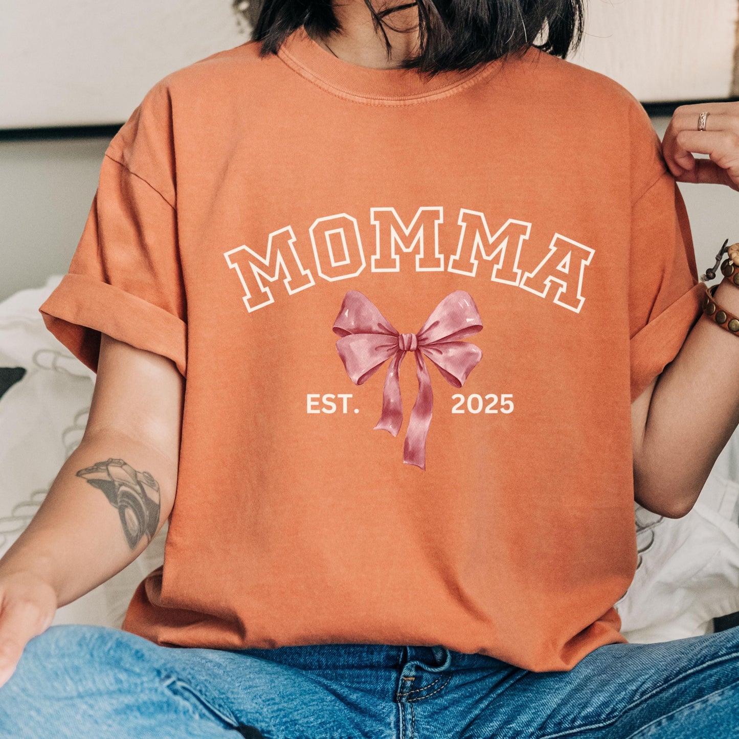 Custom Comfort Colors Momma Shirt, coquette Mama shirt, Mothers Day Gift for mom, First Time Mom Tee, Motherhood Tshirt Valentines