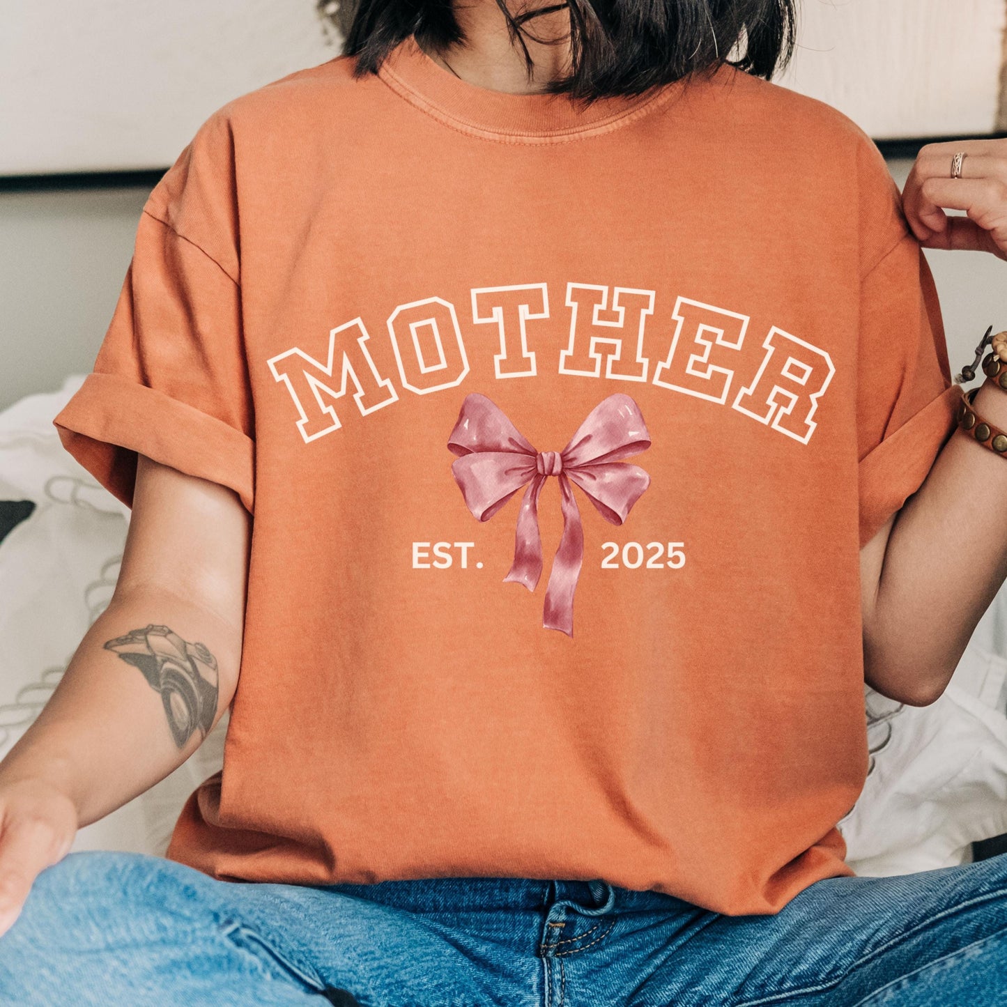 Custom Comfort Colors Mother Shirt, coquette bow Mama shirt, Mothers Day Gift for mom, First Time Mom Tee, Motherhood Tshirt Valentines