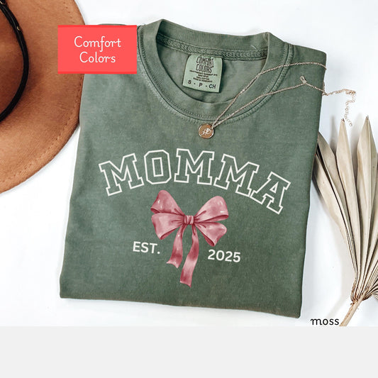 Custom Comfort Colors Momma Shirt, coquette Mama shirt, Mothers Day Gift for mom, First Time Mom Tee, Motherhood Tshirt Valentines
