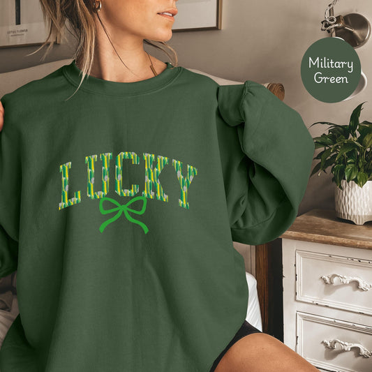 Coquette Lucky Sweatshirt, St Patricks Day Lucky Sweater with Bow, Irish Shamrock Sweatshirt, Saint Patricks Day Sweatshirt Women