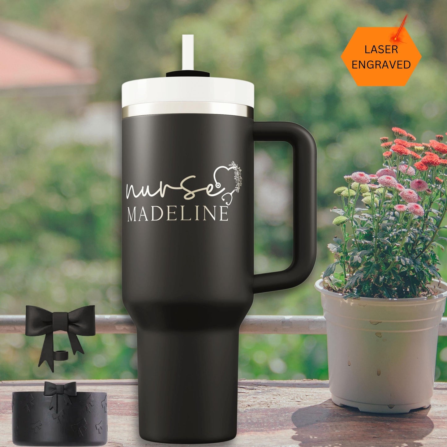 Personalized nurse tumbler, laser engraved tumbler cup for nurse, coquette tumbler with straw topper & boot, custom nurse appreciation gift