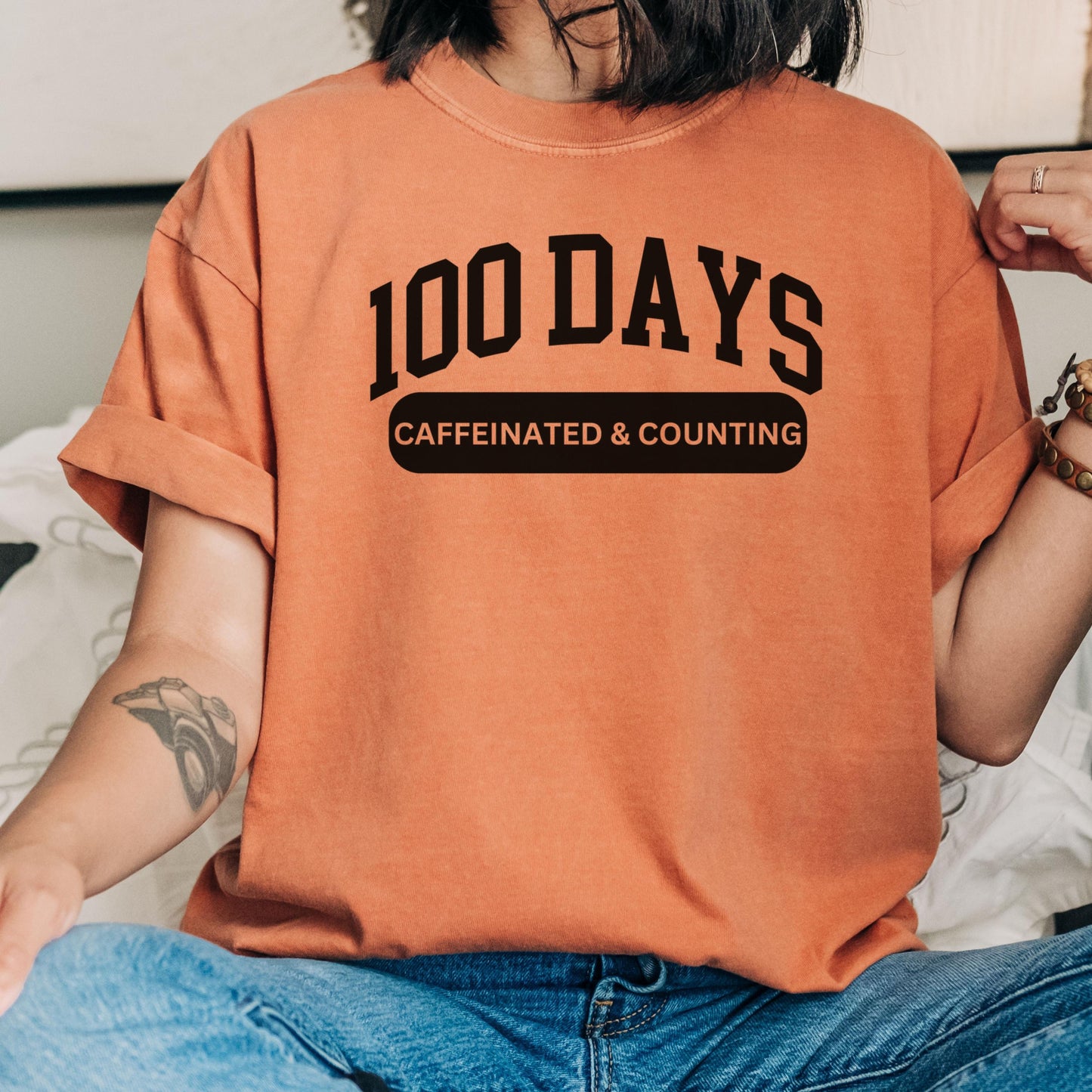 Funny Comfort Colors 100 Days Shirt, Happy 100th Day Of School,  100 days caffeinated Teacher tshirt, 100th day of school coffee tee shirt