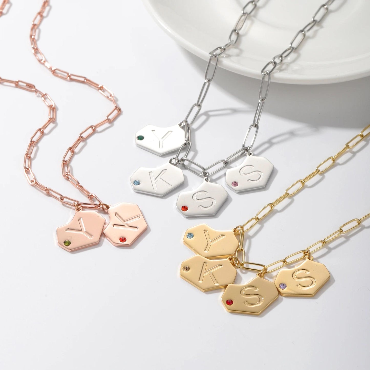 Custom birthstone initial necklace, name initial tag necklace gift for her, gold silver necklace with kids names, personalized mom necklace