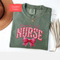 Coquette Comfort Colors travel nurse shirt, toile de jouy RN shirt, appreciation gift for registered nurse, nursing school cute bow tshirt