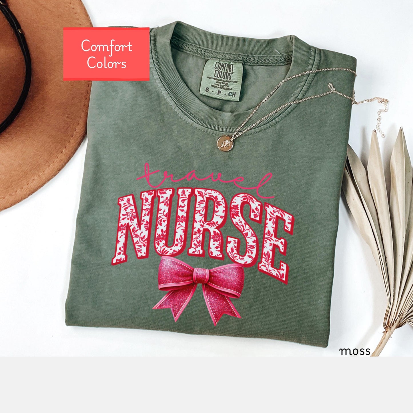 Coquette Comfort Colors travel nurse shirt, toile de jouy RN shirt, appreciation gift for registered nurse, nursing school cute bow tshirt