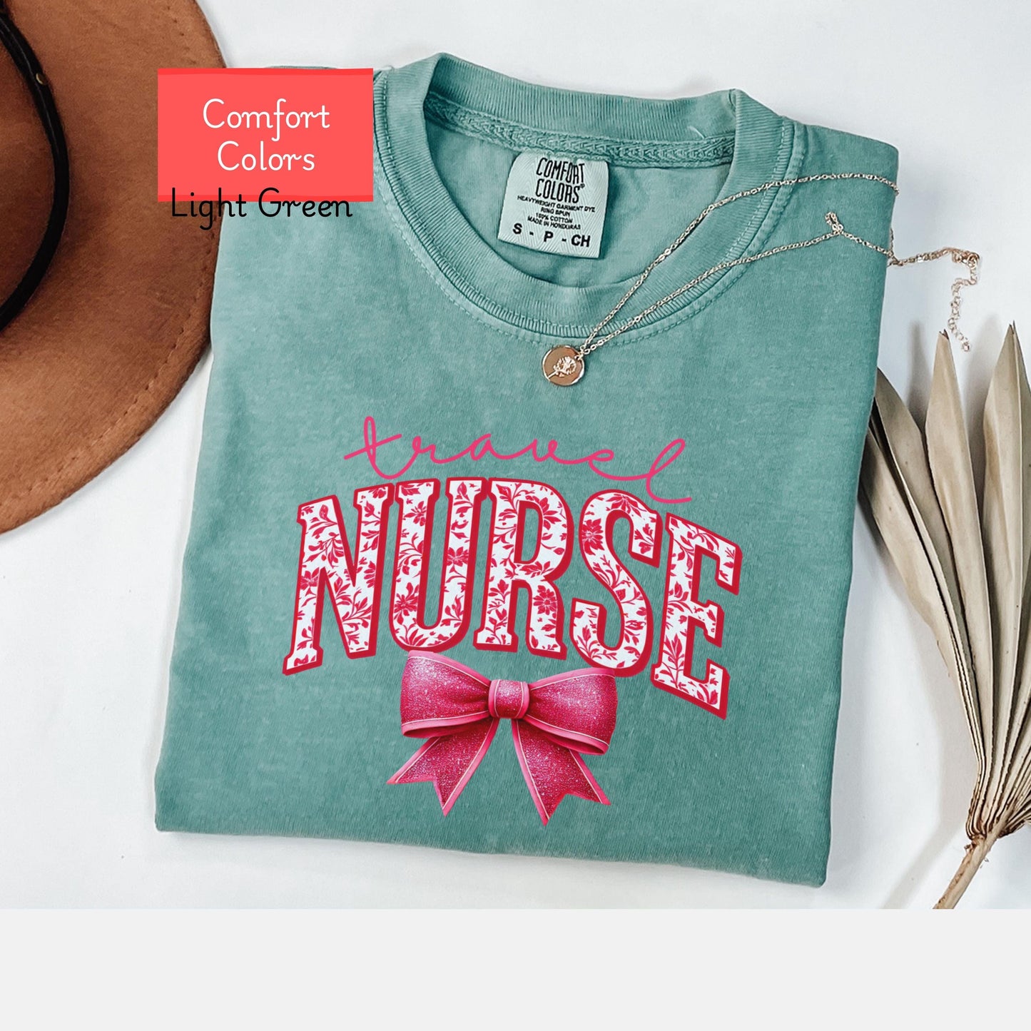 Coquette Comfort Colors travel nurse shirt, toile de jouy RN shirt, appreciation gift for registered nurse, nursing school cute bow tshirt