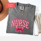 Coquette Comfort Colors travel nurse shirt, toile de jouy RN shirt, appreciation gift for registered nurse, nursing school cute bow tshirt