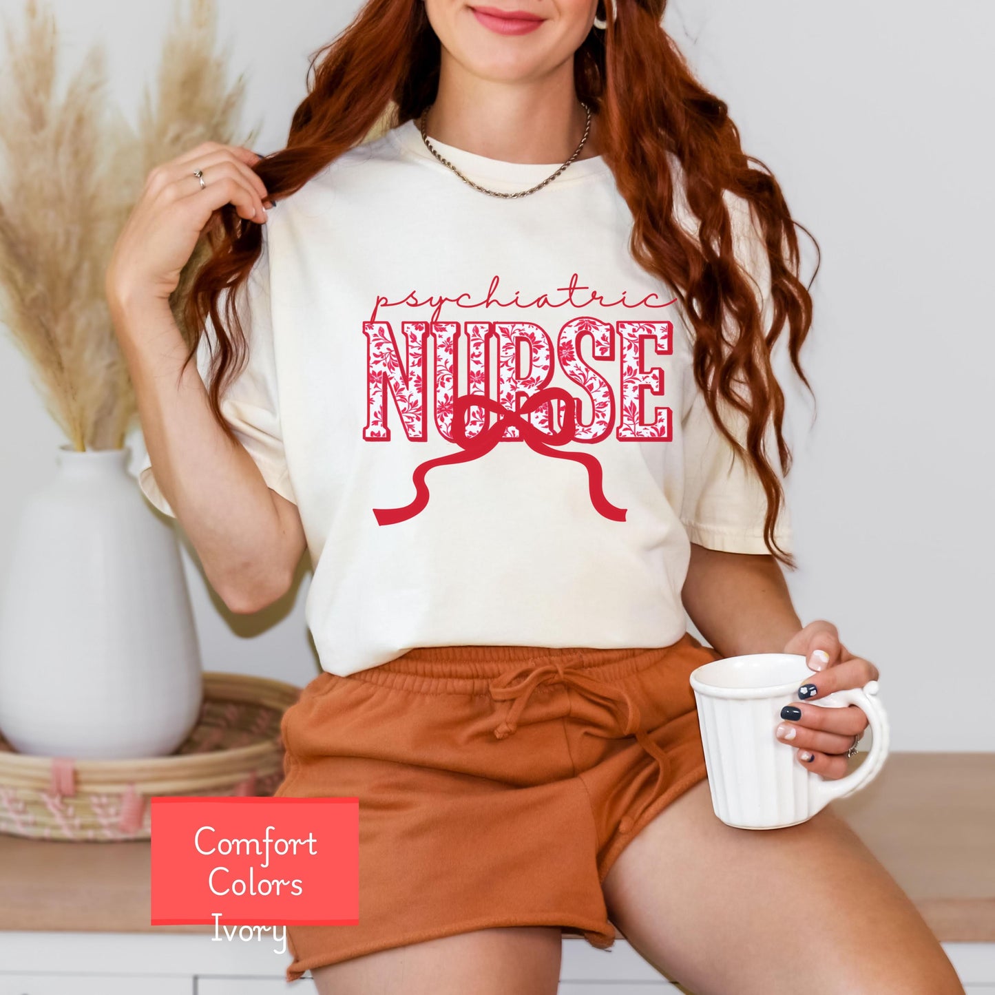 Coquette Comfort Colors psychiatric nurse shirt, toile de jouy RN shirt, appreciation gift for psychiatric nurse, nursing school bow tshirt