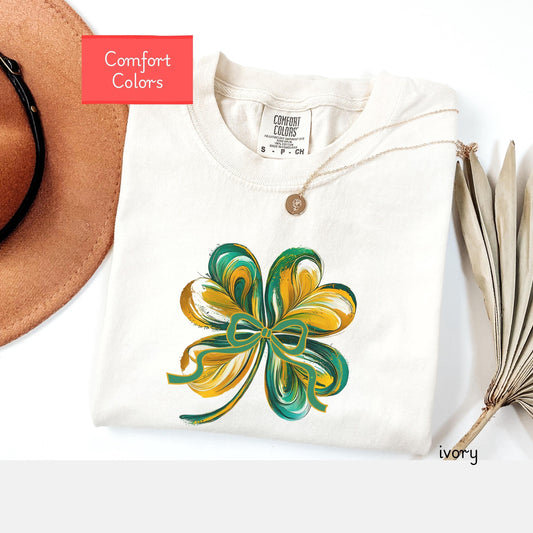 Comfort colors shamrock shirt, Coquette bow St Patricks day tshirt, shamrock tshirt gift st paddys, cute brush stroke bow shirt gift for her