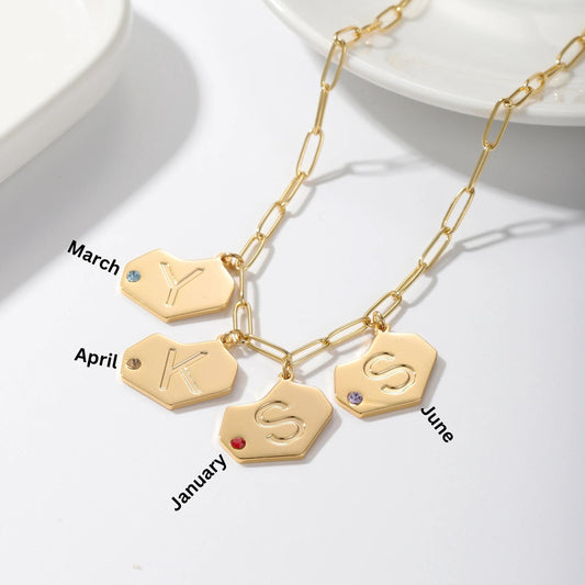 Custom birthstone initial necklace, name initial tag necklace gift for her, gold silver necklace with kids names, personalized mom necklace
