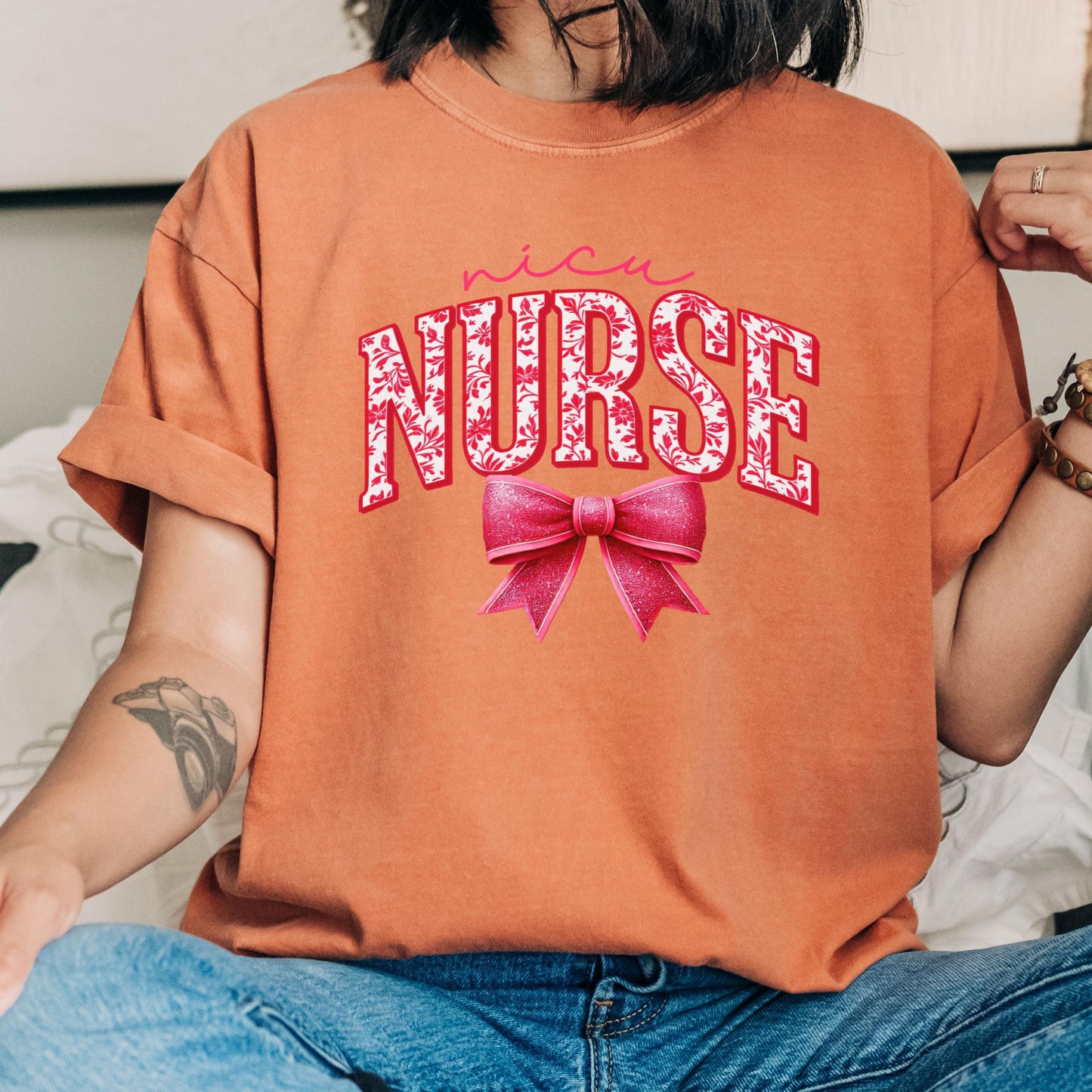 Coquette Comfort Colors Nicu Nurse Shirt, toile de jouy RN shirt,appreciation gift for nurse, Cute bow nursing school tshirt, Nurse graduate