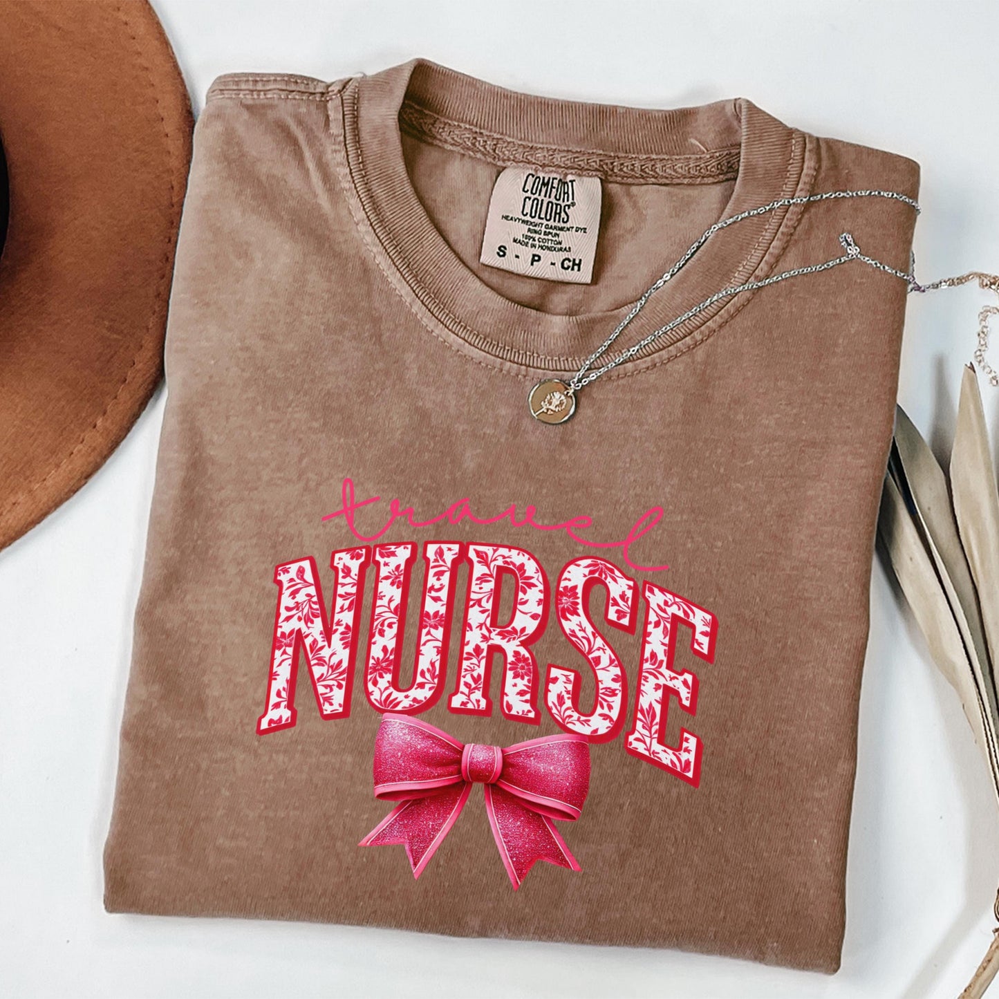 Coquette Comfort Colors travel nurse shirt, toile de jouy RN shirt, appreciation gift for registered nurse, nursing school cute bow tshirt