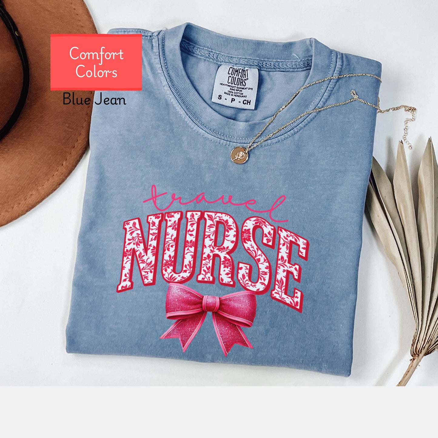 Coquette Comfort Colors travel nurse shirt, toile de jouy RN shirt, appreciation gift for registered nurse, nursing school cute bow tshirt