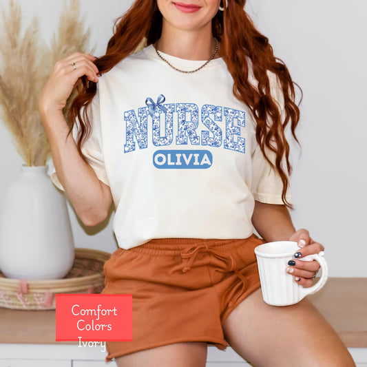 Custom name Comfort Colors nurse shirt, blue toile de jouy RN shirt, appreciation gift for nurse, nursing school graduation gift for her