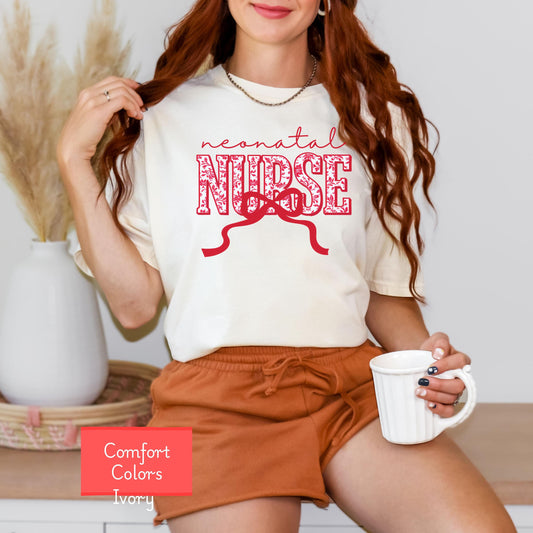 Coquette Comfort Colors neonatal nurse Shirt, toile de jouy RN shirt, appreciation gift for neonatal nurse, nursing school cute bow tshirt