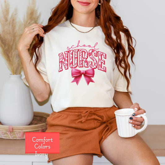 Coquette Comfort Colors School Nurse Shirt, toile de jouy RN shirt,appreciation gift nurse, Cute bow nursing school shirt, nurse graduate