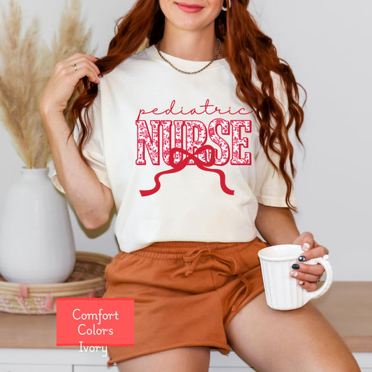 Coquette Comfort Colors pediatric nurse shirt, toile de jouy RN shirt, appreciation gift for pediatric nurse, nursing school cute bow tshirt