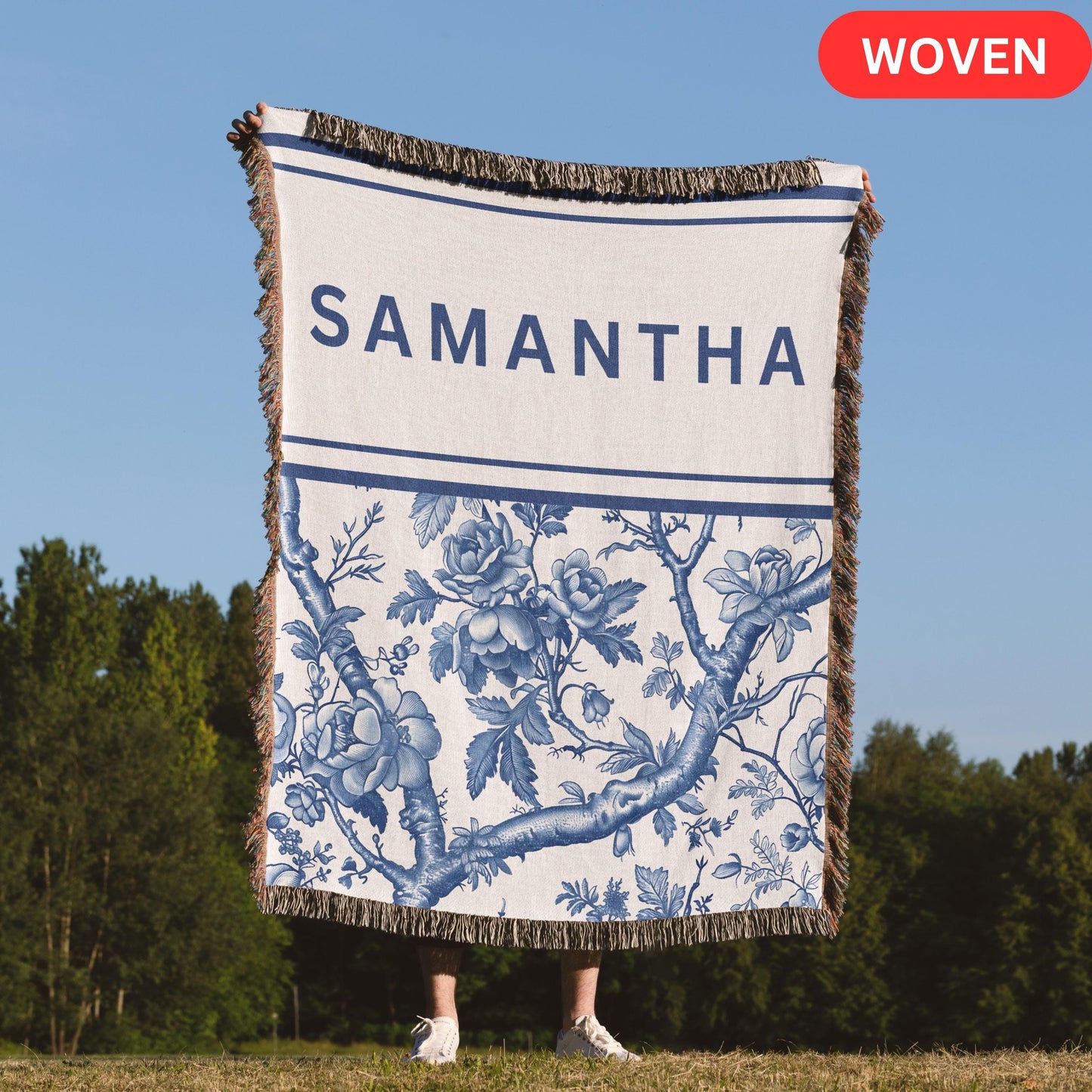 Toile De Jouy Woven Blanket, Custom Tapestry Blanket gift for friend, blanket gift for mom, floral blanket with name, woven throw blanket