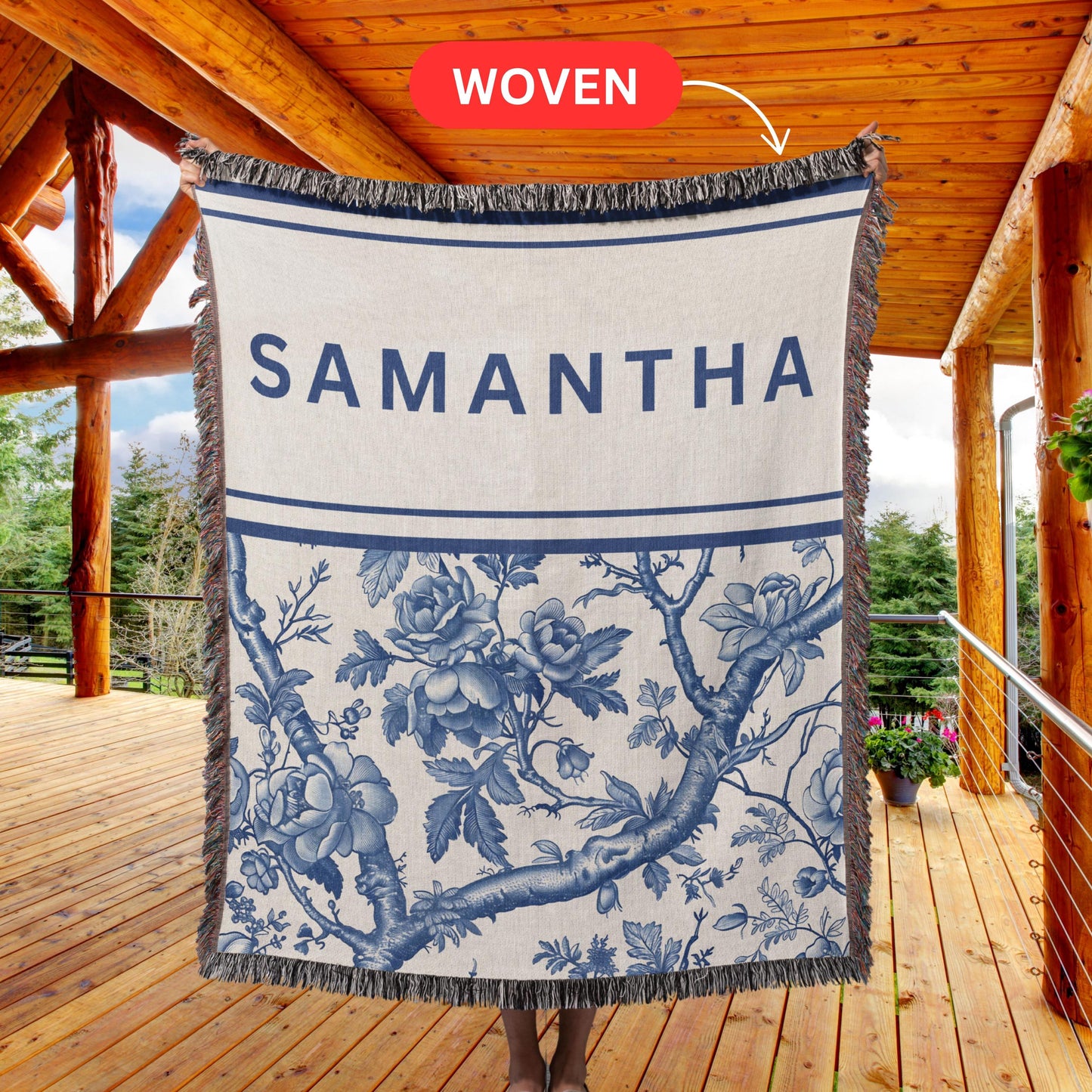 Toile De Jouy Woven Blanket, Custom Tapestry Blanket gift for friend, blanket gift for mom, floral blanket with name, woven throw blanket