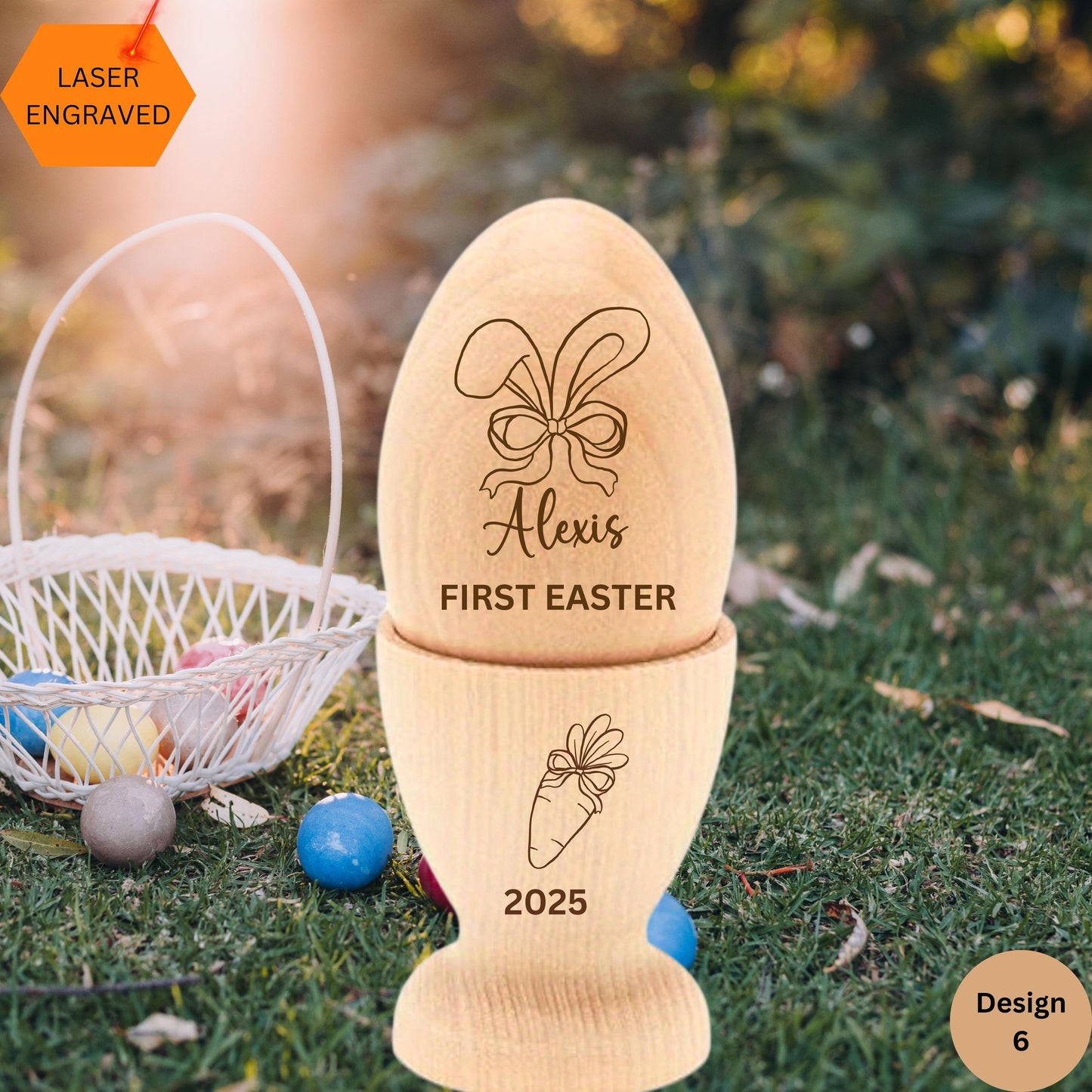 Wooden Egg Custom, Personalized Easter Bunny Ears wood egg, Engraved Wooden Egg, Easter egg hunt, Baby's First Easter Gift Basket Filler
