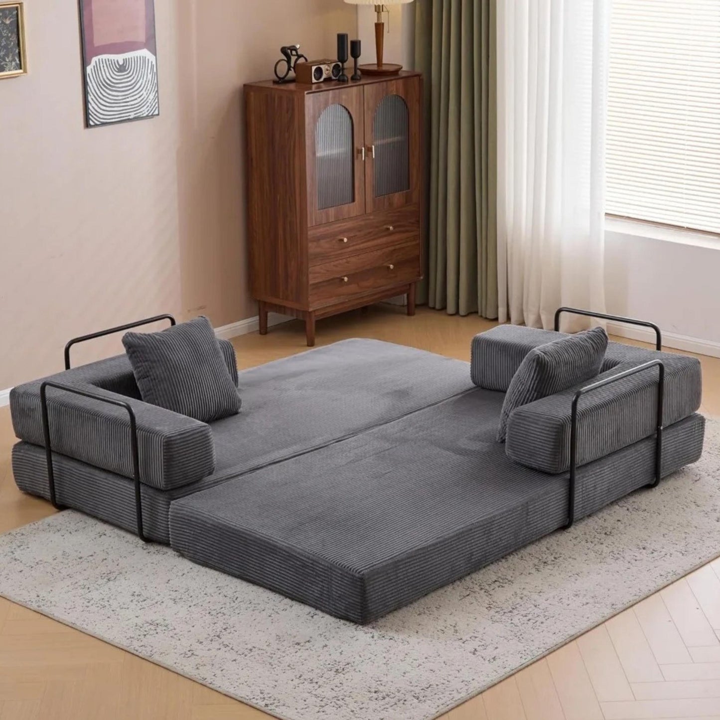 Convertible Sleeper Sofa, Comfortable Floor Sofa Bed, Corduroy Couch Bed, Living room Furniture with Washable Covers, Versatile Couch