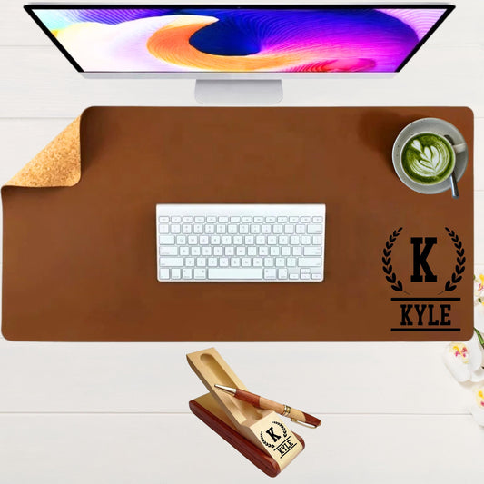 Personalized Leather Desk Mat Wooden Pen Set, Large Custom Engraved Mouse Pad, Coworker Birthday Gift, Work Boss Office Gifts, Gift for Him