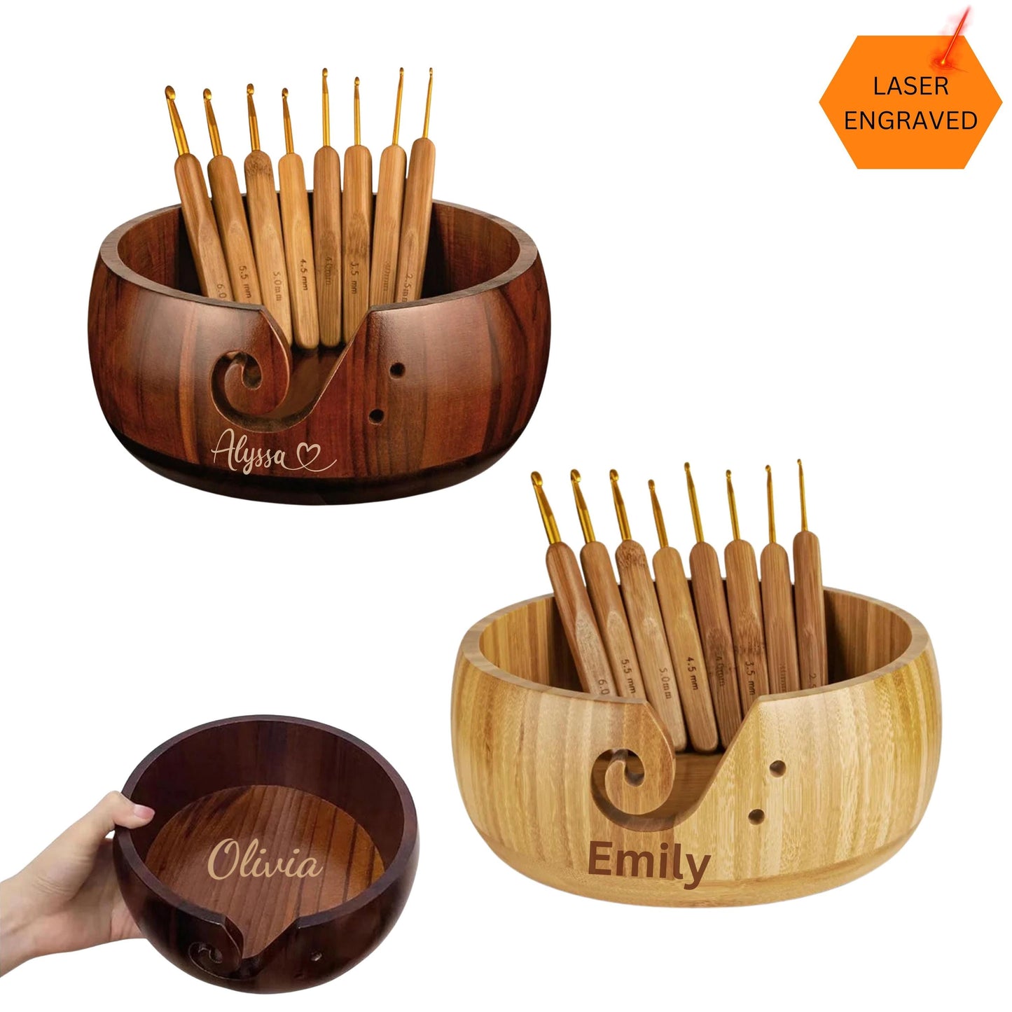 Custom Wooden Yarn Bowl, Personalized  Knitting Bowl with 8pcs Hooks, Crochet Accessories Yarn Holder, Dispenser Bowls Knitters & Crocheters