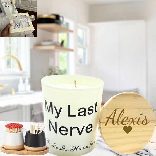 Personalized Last Nerve Candle, Funny Soy Candle & Match Holders Set, Custom Lavender Scented Candle for Mom, Best Friend Birthday Gift