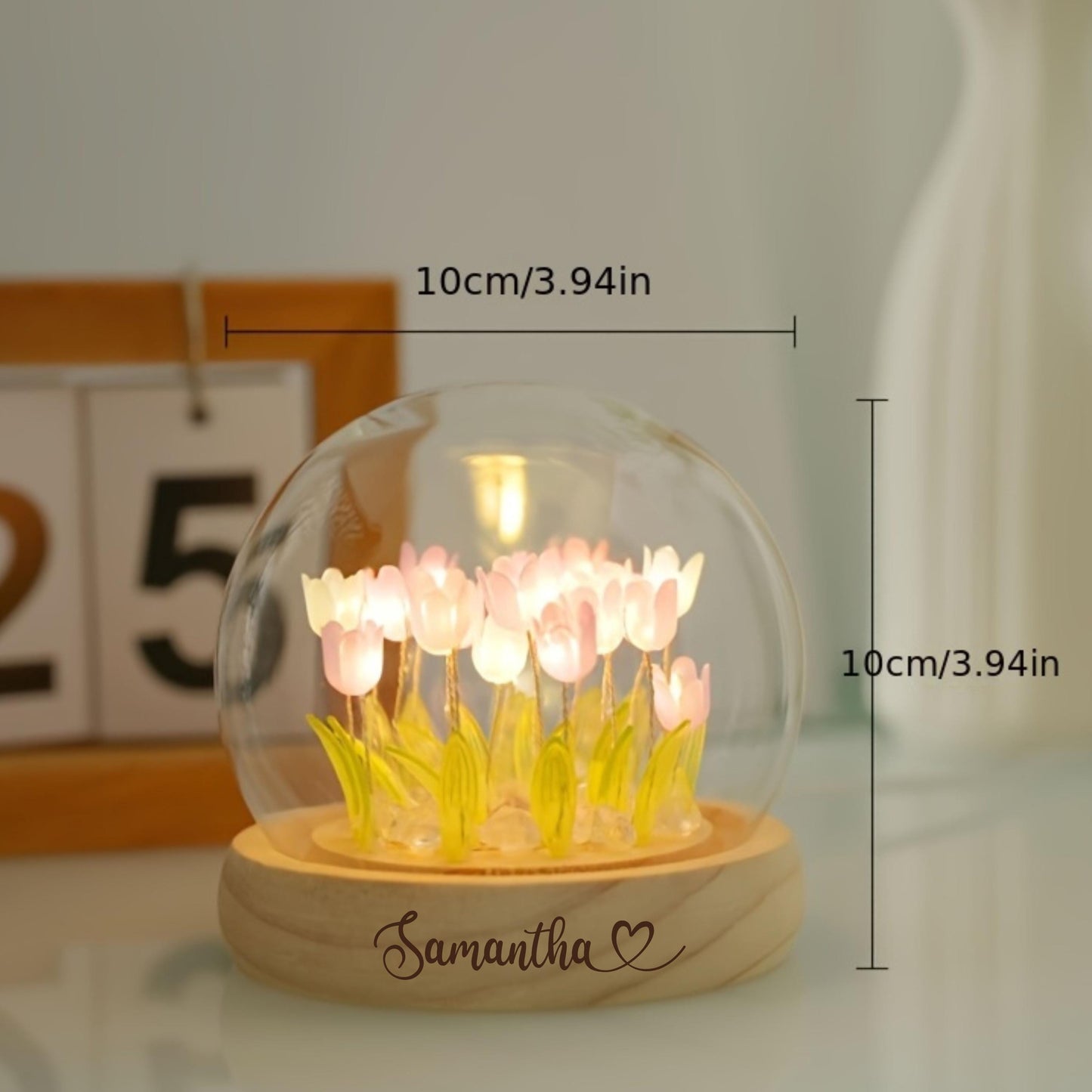 Personalized Tulip Night Light, Mothers Day Gift for Mom,Flower Lamp with Custom engraved Wooden Base, Home Decor, Romantic Birthday Gift