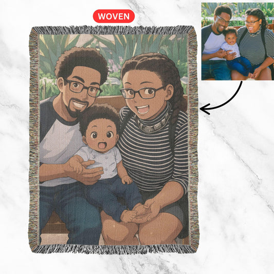 Personalized Woven Photo Blanket, Cartoon Portrait Blanket tapestry, Photo to Cartoon Throw Blanket, Custom Gift for Bride, Gift for Grandma