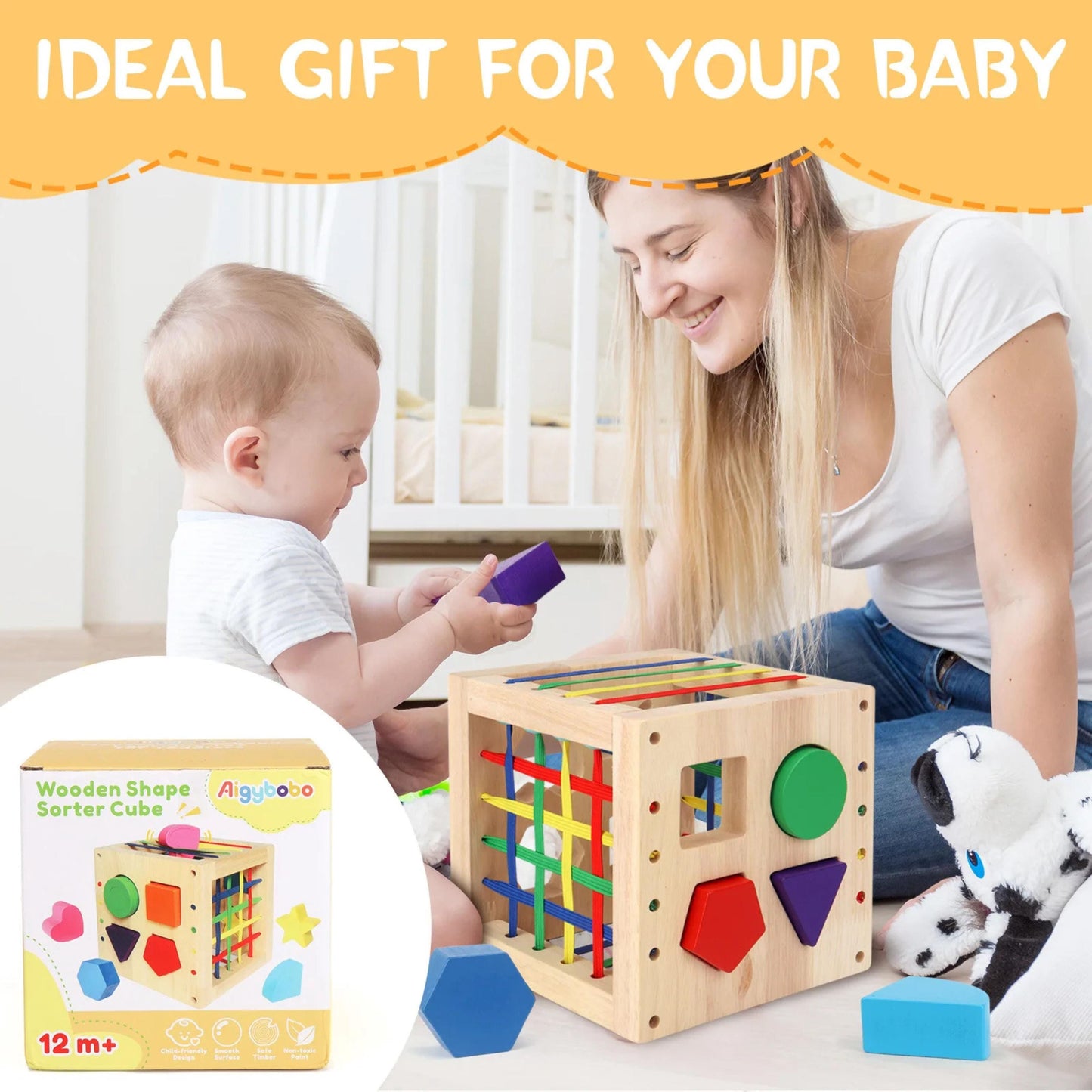 Personalized Wooden Sorter Cube, 1+ Year Old Playing Toys, Developmental Learning Toy Gifts for Toddler Boys Girls,  1 Year Birthday Gift